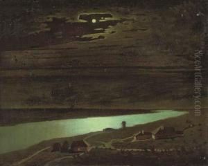 The Village On The Moonlit River by Arkhip Ivanovich Kuindzhi