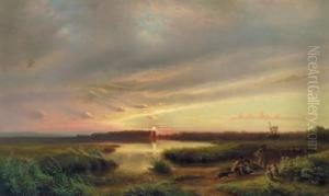 Abendlandschaft Mit Einem See Und Hirten by Karl Robert Kummer