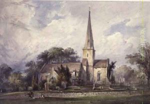 View from the South-east of a Church and a Churchyard