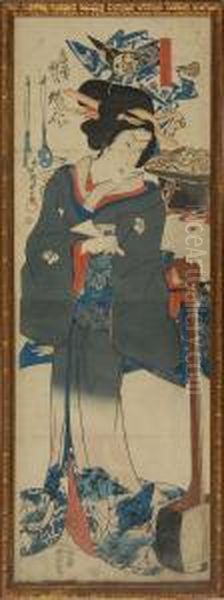 Woman With A Biwa And Otsu-e Background - view 1