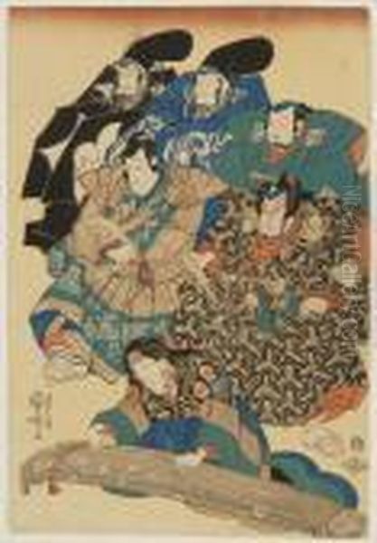 Five Court Figures Observe A Woman Playing A Koto. - view 1