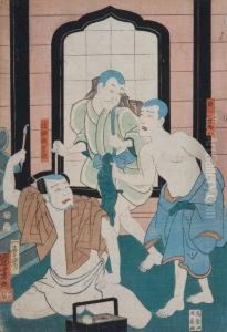 Monaci In Un Tempio Del Quartiere Bakuro Di Tokio by Utagawa Kuniyoshi
