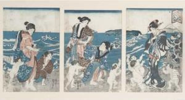 An Oban Triptych Of Actors And Boys On A Shore - view 1