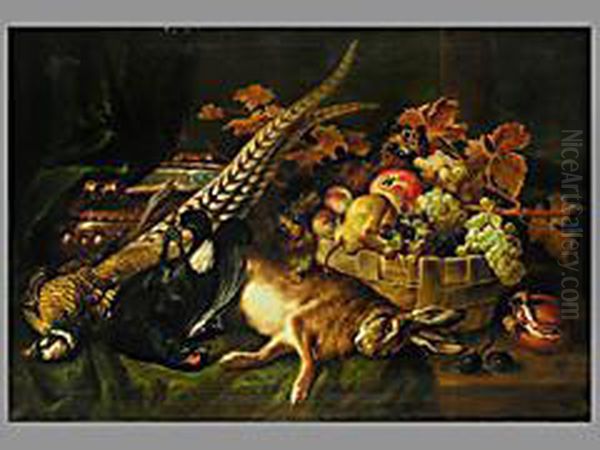 Prunkstilleben Mit Erlegtem Hase, Geflugel, Obst Und Kupferkessel - view 1