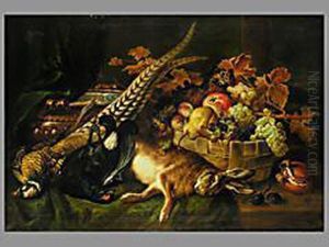 Prunkstilleben Mit Erlegtem Hase, Geflugel, Obst Und Kupferkessel by Ludwig Adam Kunz