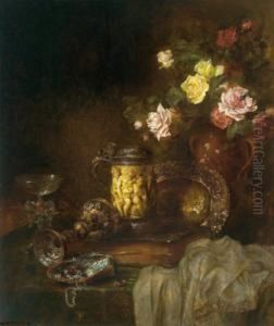 Natura Morta Con Rose E Oggetti D""""antiquariato