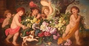 Children Masquerading As Putti 
And Musicians Amidst A Garland Of Flowers With A Spaniel At Their Feet