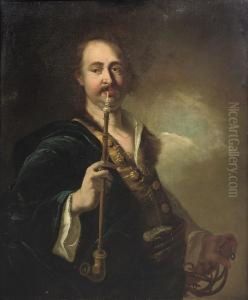 A Portrait Of A Man, Standing 
Half-length, Possibly The Artist Himself, Wearing A Fur-trimmed Blue 
Coat And Holding A Sabel And Pipe