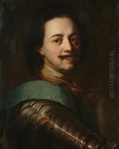 Portrait Bust-length Of Peter The Great, In Armour With A Blue Sash by Johann Kupetzki