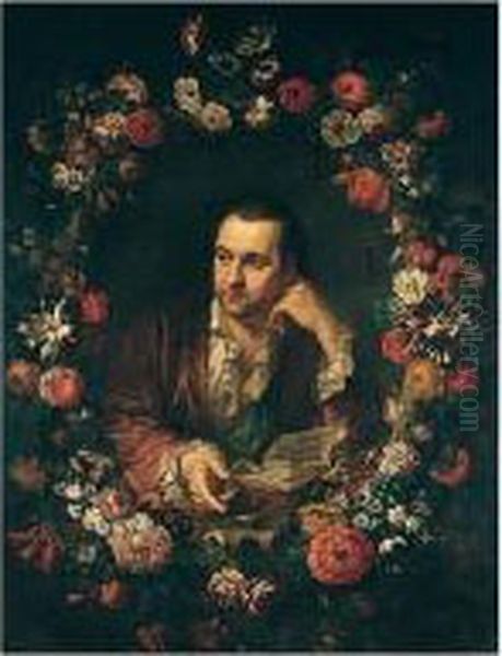 Portrait Of A Man, Half-length, Reading A Book, Within A Garland Of Flowers - view 1