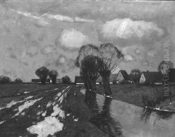 "hauser An Einem Bachlauf Mit Weiden". Sign. Ol Auf Lwd. 50,5 X 65 Cm. Rahmen - view 1