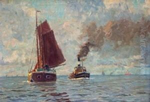 Dampfer Und Segler Auf Hoher See by Paul Kutscha