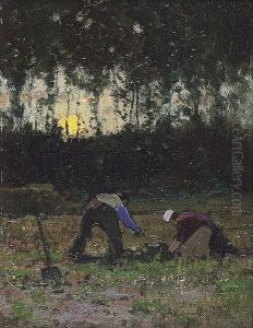 Peasants In The Field At Sunrise by Cornelis Kuypers