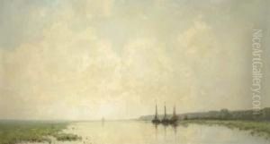 Moored Boats On A River At Dawn, Renkum