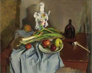 A Still Life With Vegetables And Fruit On A Draped Table by Harrie Kuyten