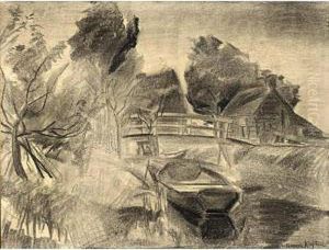 A View Of A Bridge With A Moored Boat, Kortenhoef