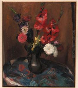 A Still Life With Flowers In A Pewter Jug