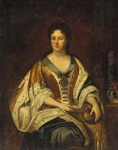 Portrait of Queen Anne (1665-1714), seated three-quarter-length, in Garter robes, holding an orb by Johann Closterman