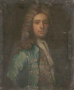 Portrait of a gentleman, bust-length, in a blue coat and embroidered waistcoat by Johann Closterman