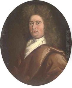 Portrait of a gentleman, bust-length, in a brown coat and white necktie by Johann Closterman