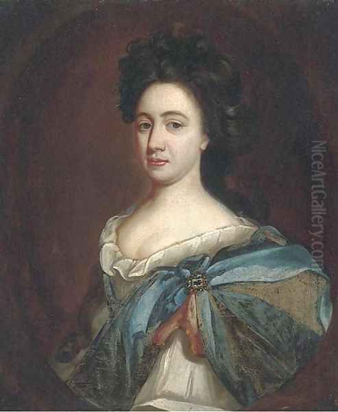 Portrait of a lady, half-length, in a white dress, with a blue wrap and jewelled brooch - view 1