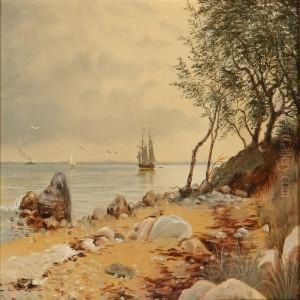 Coastal Scene With Sailing Ships And A Steamer On The Sea