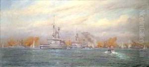 HMS Albion commanded by Capt A Walker Heneage completing the destruction of the outer forts of the Dardanelles in 1915 by Alma Claude Burlton Cull