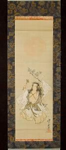 Two Kakemono: The First
Depicting The Goddess Usume Dancing Alone, Holding A Branch Of The
Sacred Sakaki Tree In One Hand And A Bunch Of Suzu In The Other, The Red
Orb Of The Sun Rising From The Mists In The Background, In Ink And
Colour On Silk, by Kawanabe Kyosai
