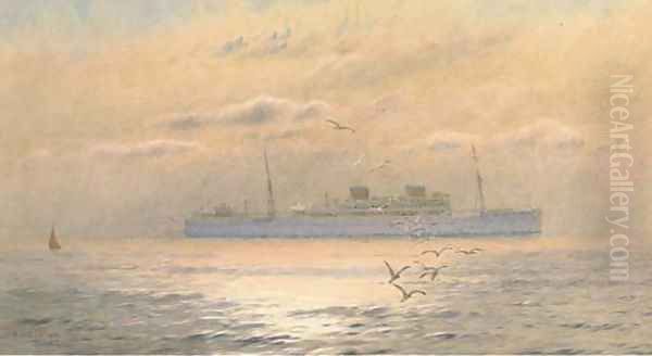 A Union Castle liner in coastal waters at dusk - view 1