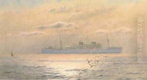 A Union Castle liner in coastal waters at dusk by Alma Claude Burlton Cull