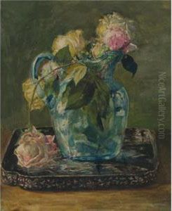 Roses In A Blue Crackle Glass Pitcher by John La Farge