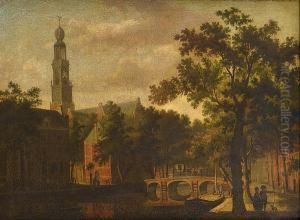 The Westerkerk, Amsterdam, With 
Figures On A Canal Path With A Horsedrawn Carriage Crossing A Bridge 
Beyond