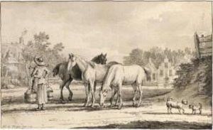 A Milkmaid Standing With Three Horses In A Field At The Edge Of A Village
