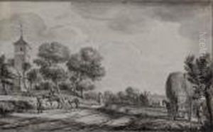 View Of Oegstgeest, With Figures On A Path And A Hay Wagon To The Right