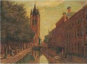 Delft, A View Of Oude Delft Looking South Towards The Oude Kerk