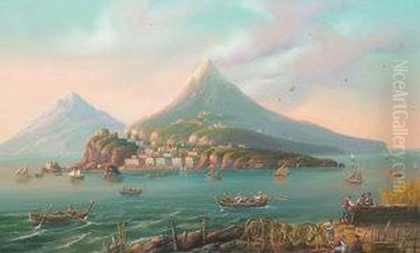 Italian Act.-- Workmen On A 
Neapolitan Shore, With A Distant Town And Fishermen Out To Sea; Gouache,
 A Pair, Both Within A Painted Oval, 30x45cm., Ea - view 1