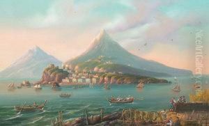 Italian Act.-- Workmen On A 
Neapolitan Shore, With A Distant Town And Fishermen Out To Sea; Gouache,
 A Pair, Both Within A Painted Oval, 30x45cm., Ea