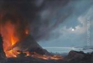 The Bay Of Naples; Vesuvius In Eruption With The Bay Of Naples In The Distance, A Pair by Gioacchino La Pira