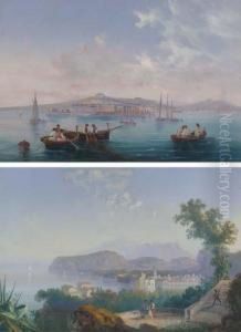 Fishermen Hauling In Their Nets In The Bay Of Naples With Vesuvius Erupting Beyond by Gioacchino La Pira