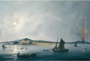 Veduta Notturna Di Napoli Dal Mare Col Vesuvio In Eruzione by Gioacchino La Pira