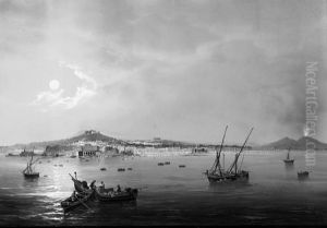 View Of The Blue Grotto, Capri; And A Moonlit View Of Naples Withvesuvius Erupting by Gioacchino La Pira
