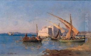 Barche Con Pescatori A Riva 1885 by Alessandro la Volpe