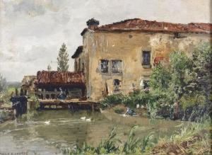 Sommerliche Hofansicht Mit Teich. by Edme Emile Laborne