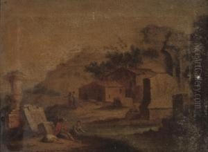 An Italianate Landscape With 
Cattle Drinking At A Trough; And An Italianate River Landscape With 
Figures And Classical Ruins In The Foreground, A Town Beyond