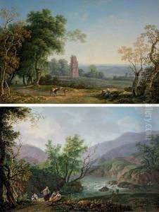 An Italianate Landscape With 
Peasants On A Path, An Ancient Mausoleum Beyond; And An Italianate River
 Landscape With Peasants Seated On A Bank