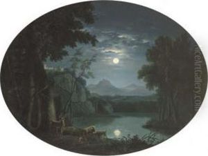 A Moonlit Landscape With Deer By A Lake, A Hilltop Castlebeyond