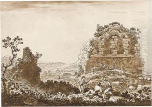 Italian Landscape With Three Men Among Classical Ruins