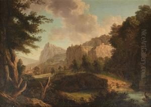 A Rocky River Landscape With A 
Figure In A Boat, A Hilltop Ruin And A View To A Village Beyond