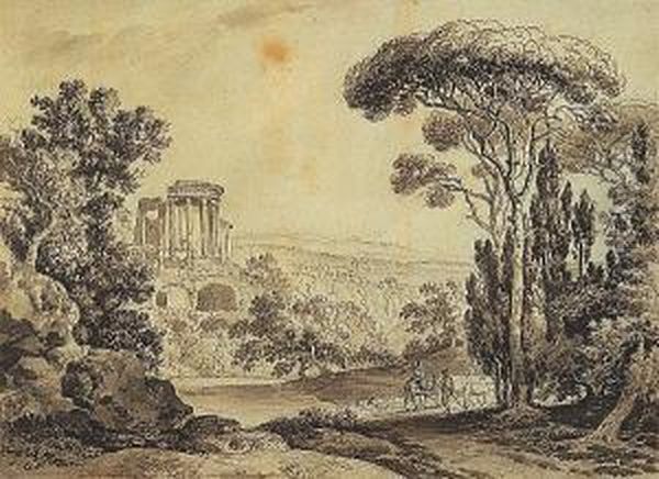 "tivoli" A View Of Tivoli From The Countryside With Figures In The Foreground - view 1