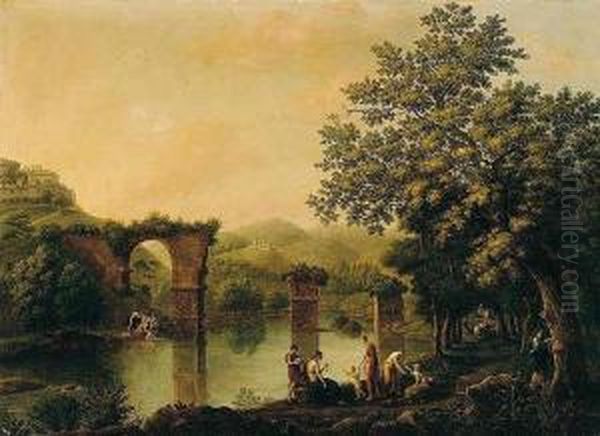 Italian Landscape With Classical Figures On A Riverbank - view 1